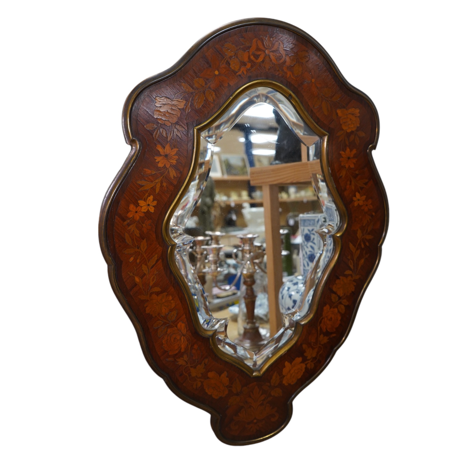 A Louis XV style kingwood and floral marquetry easel mirror, c.1900, 63cm. Condition - good
